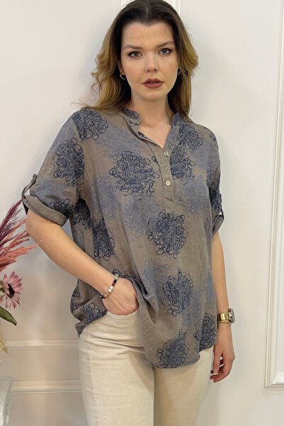 EtkiModa Γυναικεία μπλούζα με πολύχρωμα σχέδια ιταλικού στυλ με μισό κουμπί κ...