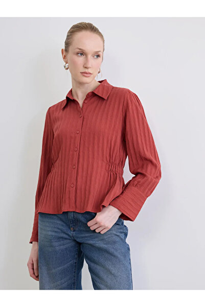 LC Waikiki Κόκκινο Ριγέ Με σούρες Γυναικείο πουκάμισο