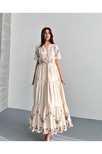 olalapasha Νέας Σεζόν Κεντημένο Λινό Φόρεμα