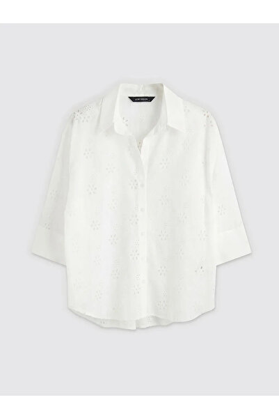 LC Waikiki Λευκό διάτρητο γυναικείο πουκάμισο oversize