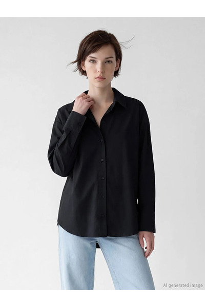 LC Waikiki Μαύρο γυναικείο πουκάμισο από ποπλίνα