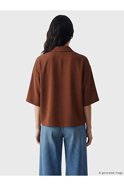 LC Waikiki Καφέ Oversize Γυναικείο Πουκάμισο Dobby