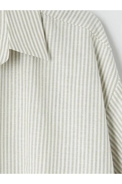 LC Waikiki Πράσινο ριγέ γυναικείο πουκάμισο από μείγμα λινών υφασμάτων