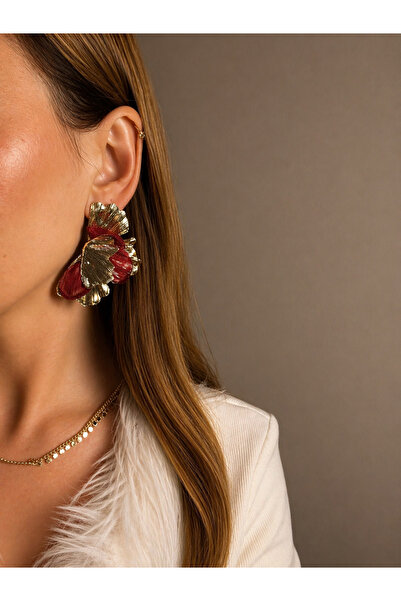 Roseliere Jewelry Kırmızı Detaylı Gold Statement Küpe Büyük Boy Şık Tasarım
