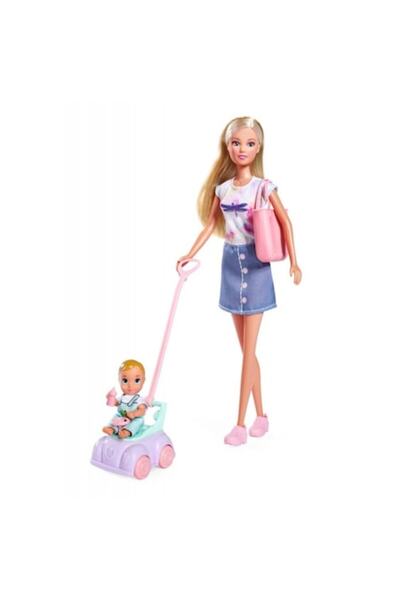 Steffi Păpușă cu bebeluș, Mașinuță de mers, Geantă și Accesorii