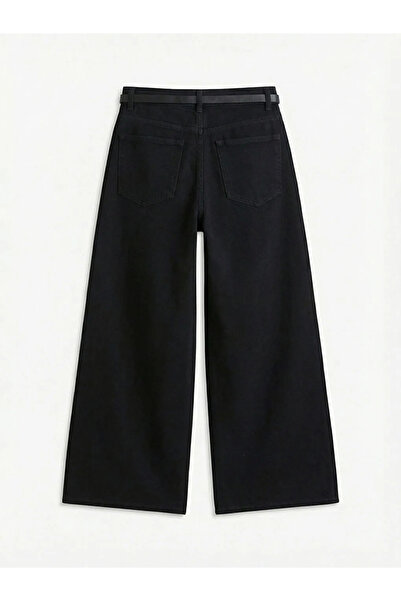 LC Waikiki Μαύρο γυναικείο τζιν παντελόνι με φαρδιά μπατζάκια και ζώνη στη μέση