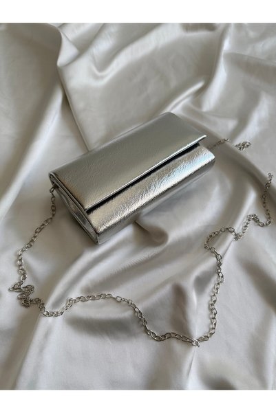 Mia Collection Caen Model Women's Hand and Shoulder Bag, Evening Dress Bag, Engagement, Wedding Bag Silver