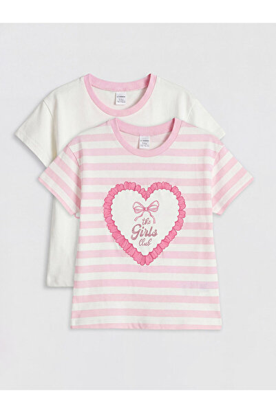 LC Waikiki Rmz Gi̇yi̇m Farkiyla Zero Roba Collar Printed Girls' T-Shirt 2-Pack