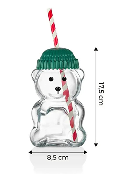 Rosemor Ayıcık Tasarım Cam Pipetli Soğuk İçecek Kahve Bardağı Yeşil Şapkalı Bear Bardak 550ml Barista