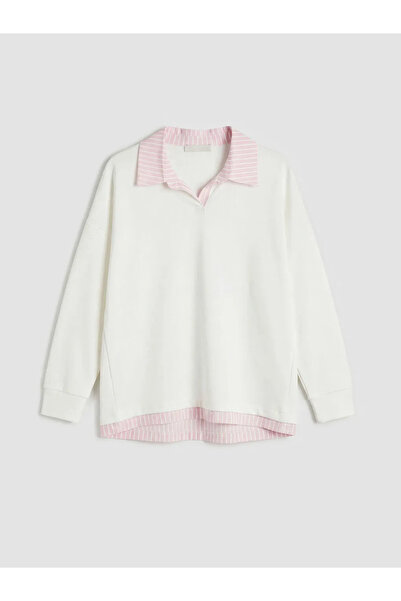 LC Waikiki Εκρού Μπλούζα με Ριγέ Γιακά Πουκάμισου