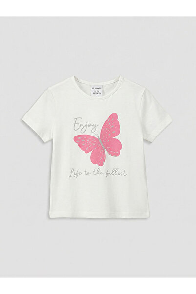 LC Waikiki Rmz Gi̇yi̇m Farkiyla Butterfly Printed Girls' Combed Cotton T-Shirt