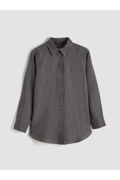 LC Waikiki Γκρι γυναικείο λινό πουκάμισο