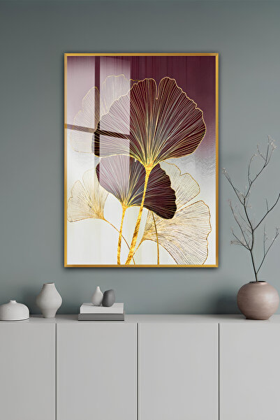 kutuTR Gold Alüminyum Çerçeve Bordo ve Altın Detaylı Ginkgo Yaprak Temperli C...