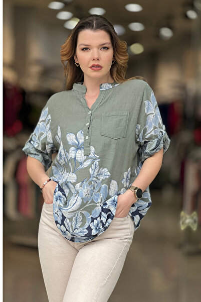 EtkiModa Γυναικεία μπλούζα με πολύχρωμα σχέδια ιταλικού στυλ με μισό κουμπί κ...