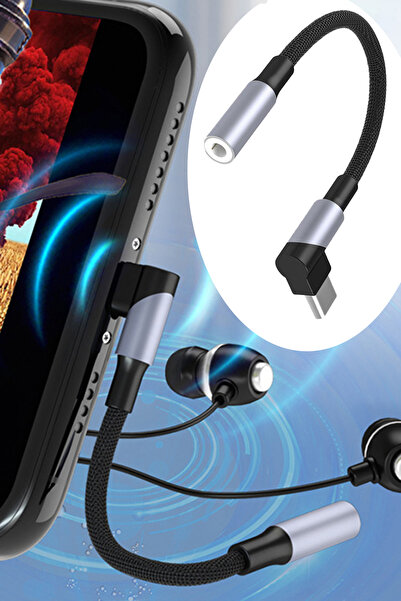 ThenTech Type C to 3.5mm Jack Kulaklık Çevirici L Tipi Tasarım Örgü Kablo Mik...