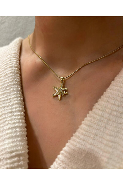 Lillys Jewellery Altın Kaplama Zirkon Taşlı Deniz Yıldızı Çelik Kolye ( Detaylı)