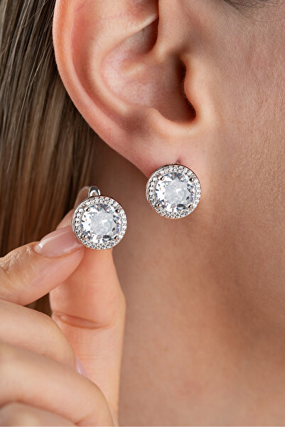 Silvano Jewelry 925 Ayar Gümüş Zirkon Beyaz Taşlı Yuvarlak Model Küpe