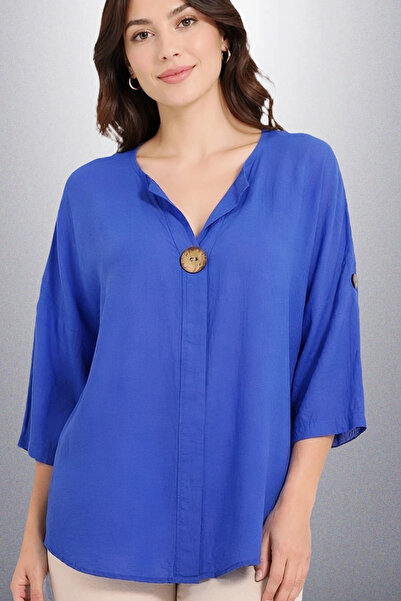 Bİ.GİYSEN Women's Blue Large Size Large Single Button Washed Cotton Linen Fol...