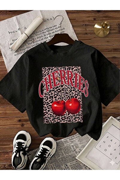 LELVANİ Γυναικείο μπλουζάκι με σχέδιο λεοπάρ και στάμπα κεράσια