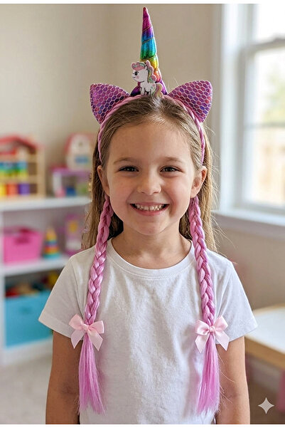 NİLZ Pembe Renkli Örgü Detaylı Unicorn Figürlü Kız Çocuk Taç
