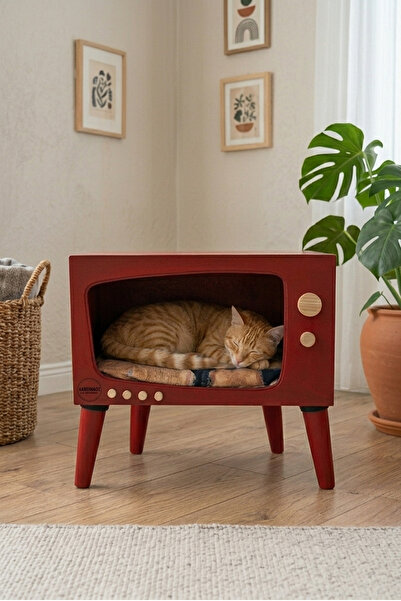 huncar Cosmoss Dekoratif Ahşap TV Kedi Evi Retro Purple Red