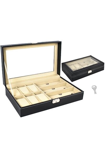 OEM Οργανωτής Ρολογιών και Γυαλιών, 6 Θήκες, Δερμάτινος, Μαύρος