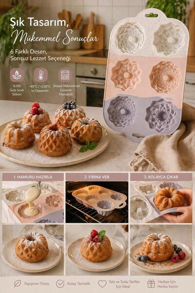 6lı Yuvarlak Desenli Silikon Muffin Kek Kalıbı