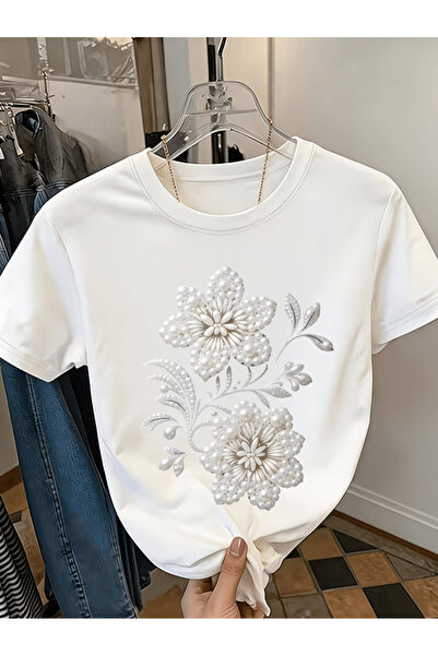 gencerco Μπλουζάκι Premium Oversize με στάμπα με θέμα το Pearl Flower