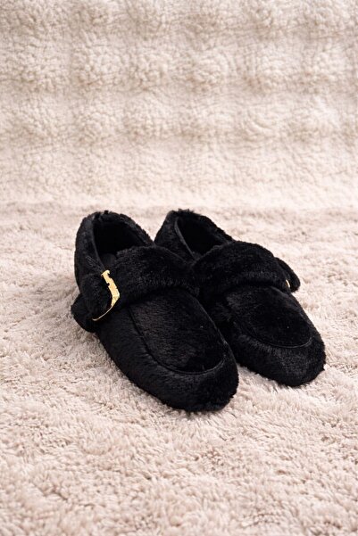 FİORE WOMEN Black Plush Buckle Detailed Women's Home Ballerina Shoes