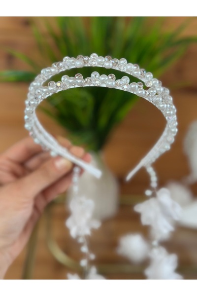 By Serpil Şener Ecru Double-Row Pearl Crown with Dangling Earrings - Maternity/Bridal Crown