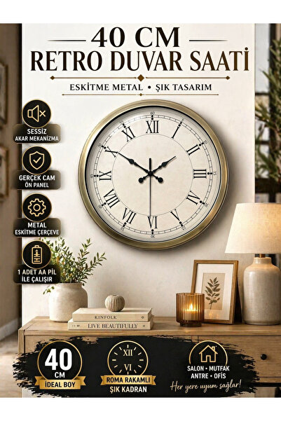 KOLAYEV 40 Cm Eskitme Metal Retro Duvar Saati Roma Rakamlı Sessiz Mekanizma D...