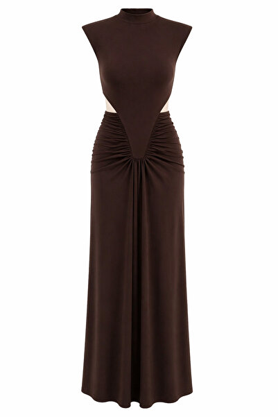 HAZELANNA Φόρεμα μάξι καφέ χρώματος με λικρά και ντεκολτέ στη μέση