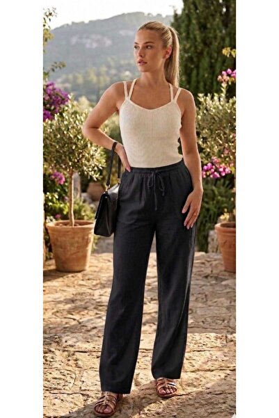 ZUM Λινό Μαύρο Παντελόνι Γυναικείο με Τσέπες Βαμβακερό Oversize Αυθεντικό Στυ...