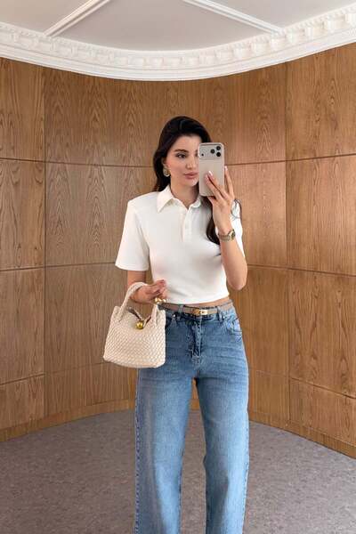 HAZELANNA Λευκό κοντό μπλουζάκι πόλο με επένδυση