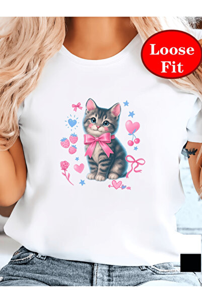 gencerco Χαριτωμένη γάτα με ροζ παπιγιόν και στάμπα, Premium Oversize T-shirt