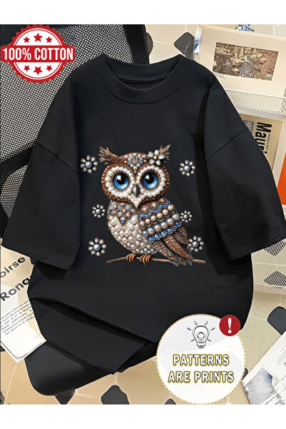 gencerco Μπλουζάκι Premium Oversize με στάμπα με σχέδιο κουκουβάγιας και πέρλες