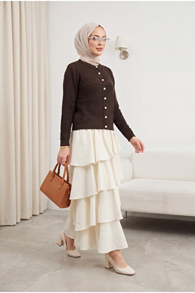 Modamorfo Ζακέτα πλεκτή με στρογγυλή λαιμόκοψη και διάτρητα κουμπιά - καφέ