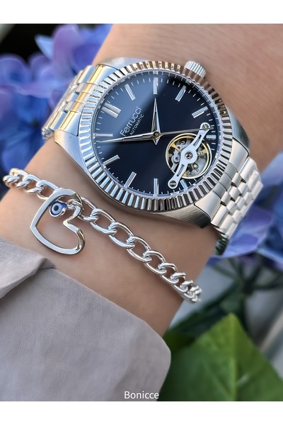 Ferrucci Automatic Battery-Free Silver Color Steel Cord, Navy Blue Dial Women...