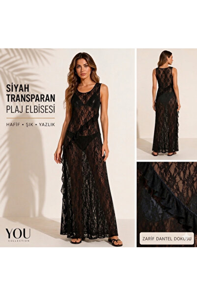 YOU Siyah Transparan Dantel Plaj Elbisesi – Uzun Pareo Beach Cover Up