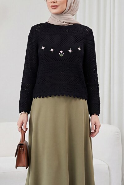 Modamorfo Floral Embroidered Openwork Patterned Knitwear Sweater - Black