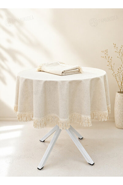 pamukidea Στρογγυλό τραπεζομάντιλο από φυσικό λινό ύφασμα με φράντζες, 100% β...