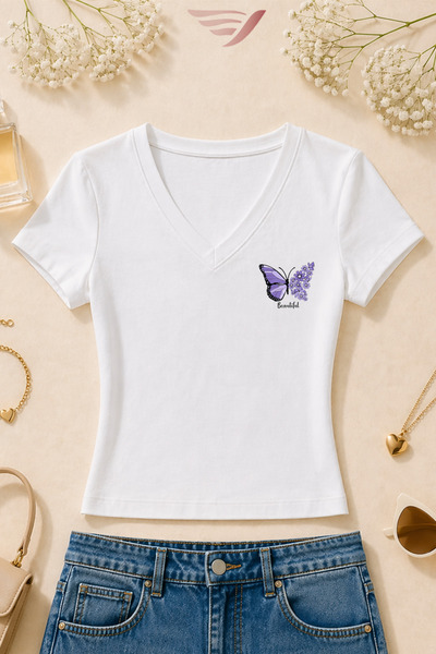 Velostra Women's Basic Daily Use Minimalist Butterfly Printed V-Neck Slim Fit...