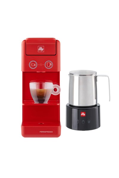 illy Y3.3 Red Iperespresso Coffee Machine and Black Stainless Steel Milk Frot...
