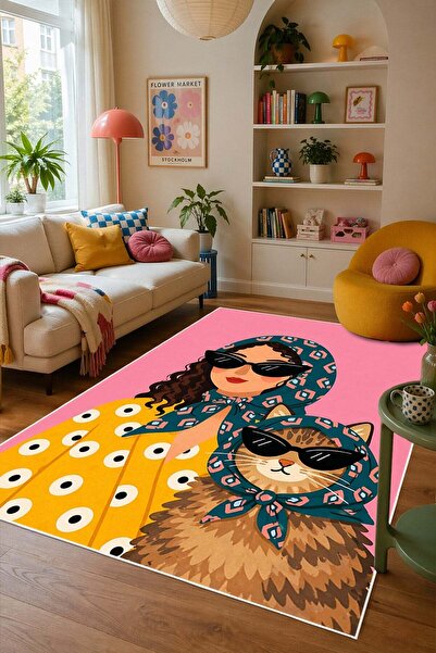 Pelura Halı İkonik Kadın ve Kedi Desenli Baskılı Kaymaz Yıkanabilir Salon Otu...