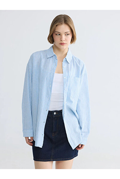 LC Waikiki Μπλε Ριγέ oversized Λινό Μικτό γυναικείο πουκάμισο