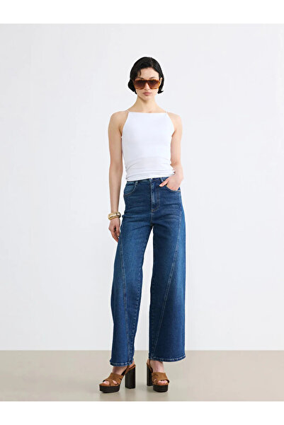 LC Waikiki Μπλε ψηλόμεσο γυναικείο τζιν παντελόνι με φαρδιά μπατζάκια