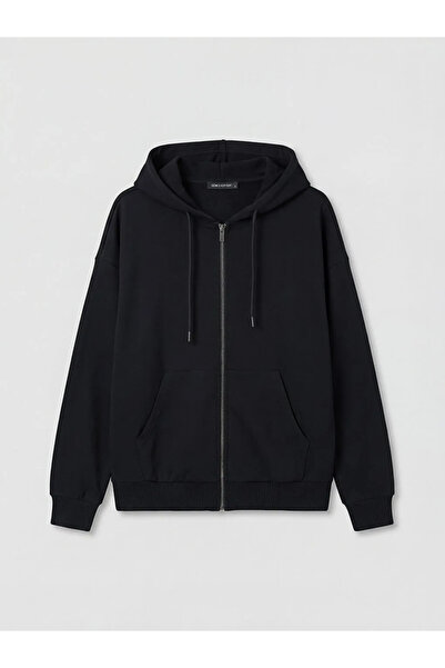 LC Waikiki Μαύρο γυναικείο φούτερ με φερμουάρ Oversize με κουκούλα