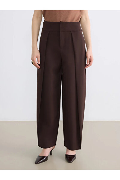 LC Waikiki Καφέ Ψηλόμεσο Με πιέτες Γυναικείο Υφασμάτινο Παντελόνι