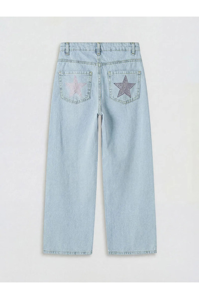 LC Waikiki Μπλε παντελόνι τζιν για κορίτσια με φαρδιά γραμμή και κεντημένες π...