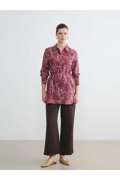 LC Waikiki Κόκκινο φλοράλ γυναικείο πουκάμισο με ζώνη